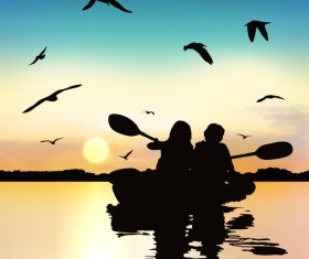 People adventure silhouette with sunrise background vector 03