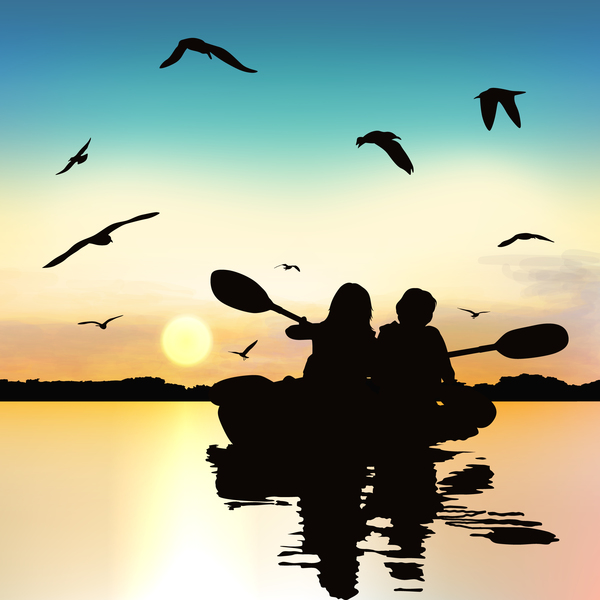 People adventure silhouette with sunrise background vector 03