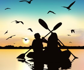 People adventure silhouette with sunrise background vector 04