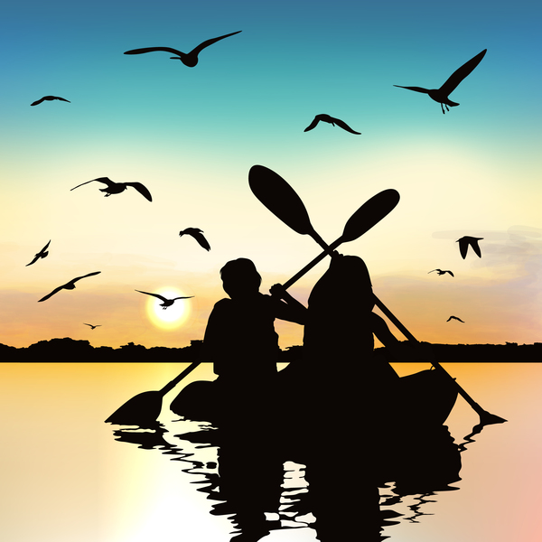 People adventure silhouette with sunrise background vector 04