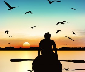 People adventure silhouette with sunrise background vector 05