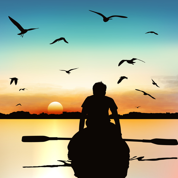 People adventure silhouette with sunrise background vector 05