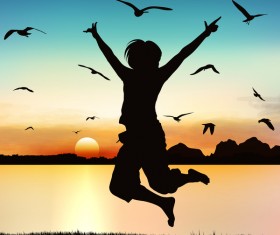 People jumping silhouette with sunrise background vector 01
