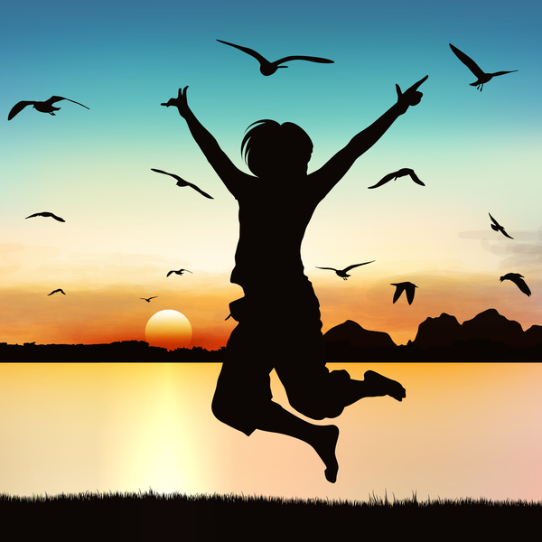 People jumping silhouette with sunrise background vector 01