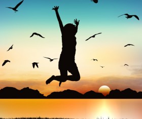 People jumping silhouette with sunrise background vector 02