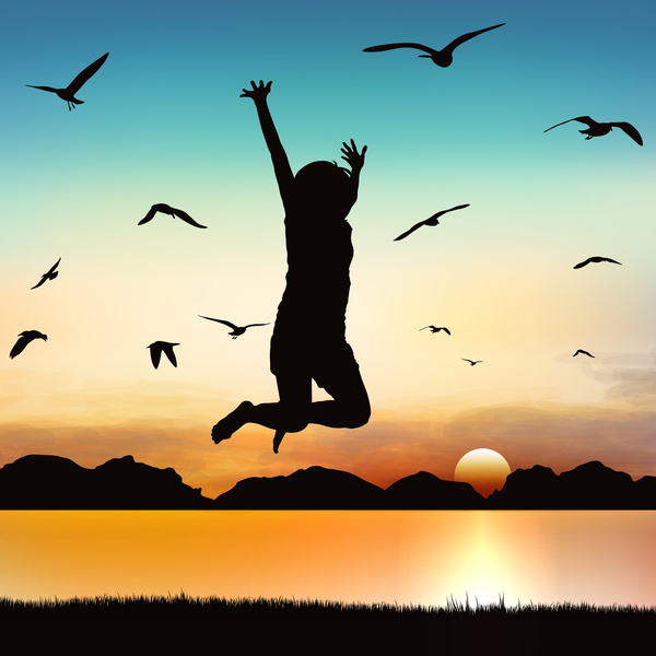 People jumping silhouette with sunrise background vector 02