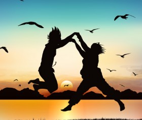 People jumping silhouette with sunrise background vector 03