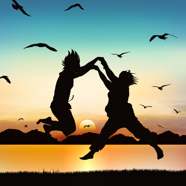 People jumping silhouette with sunrise background vector 03