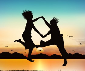 People jumping silhouette with sunrise background vector 04