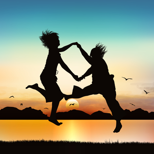 People jumping silhouette with sunrise background vector 04