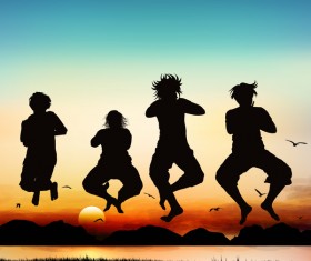 People jumping silhouette with sunrise background vector 05