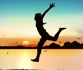 People jumping silhouette with sunrise background vector 06