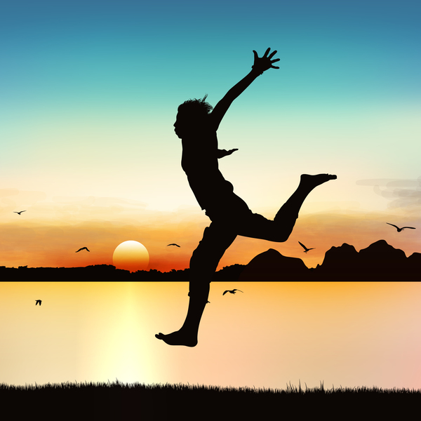 People jumping silhouette with sunrise background vector 06