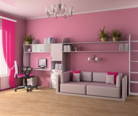 Pink wall with small sofa and computer desk Stock Photo