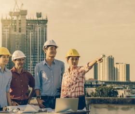 Pointing to the distant architect Stock Photo