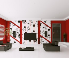 Red wall with stylish wallpaper Stock Photo