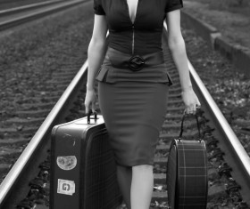 Retro photos walking on the railway woman Stock Photo