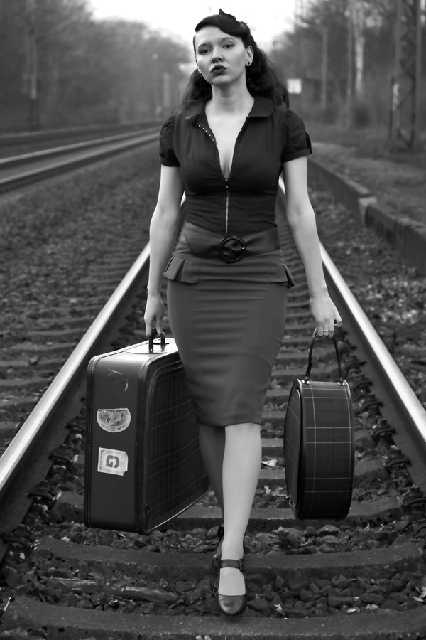 Retro photos walking on the railway woman Stock Photo