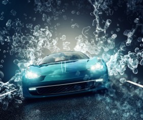 Road gallop blue sports car Stock Photo