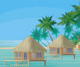Sea with bungalows and palm trees vector 01