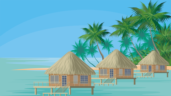 Sea with bungalows and palm trees vector 01