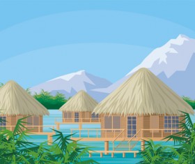 Sea with bungalows and palm trees vector 02