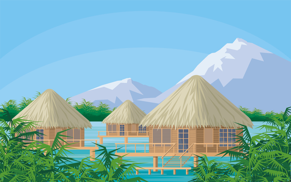 Sea with bungalows and palm trees vector 02