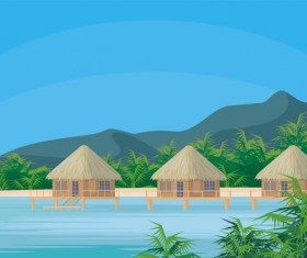 Sea with bungalows and palm trees vector 03