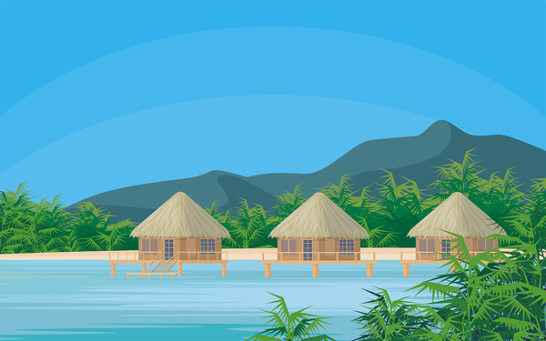 Sea with bungalows and palm trees vector 03