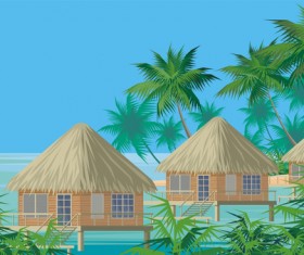 Sea with bungalows and palm trees vector 04