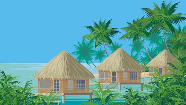 Sea with bungalows and palm trees vector 04