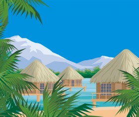 Sea with bungalows and palm trees vector 05