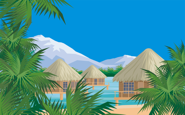Sea with bungalows and palm trees vector 05