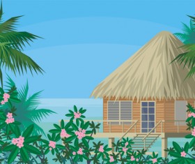 Sea with bungalows and palm trees vector 06