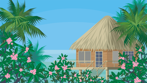 Sea with bungalows and palm trees vector 06