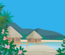 Sea with bungalows and palm trees vector 07