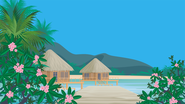 Sea with bungalows and palm trees vector 07