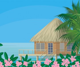 Sea with bungalows and palm trees vector 08