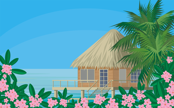 Sea with bungalows and palm trees vector 08
