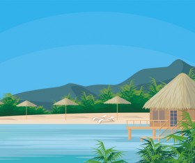 Sea with bungalows and palm trees vector 09