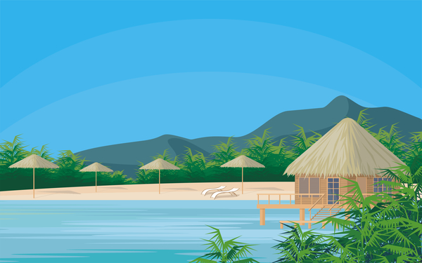Sea with bungalows and palm trees vector 09