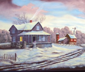 Snow oil painting village Stock Photo
