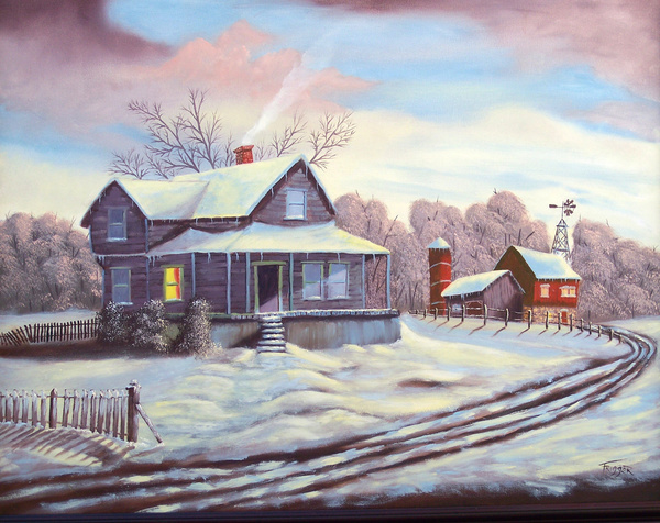 Snow oil painting village Stock Photo