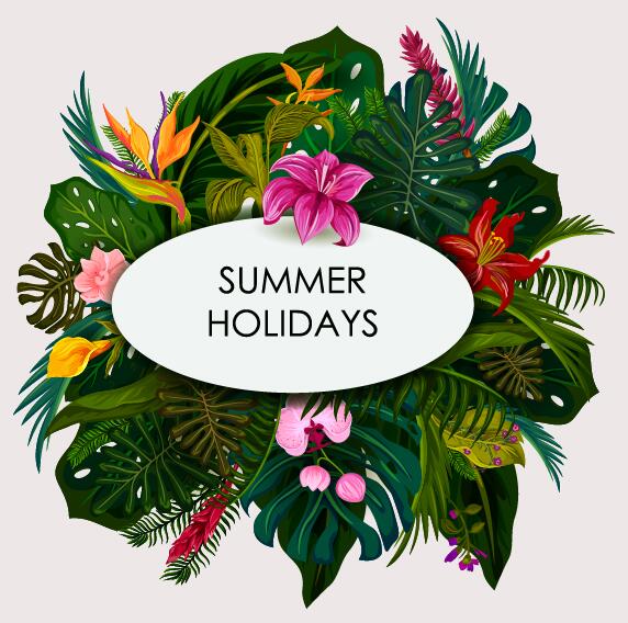 Summer background with tropical plant and flower vector 01