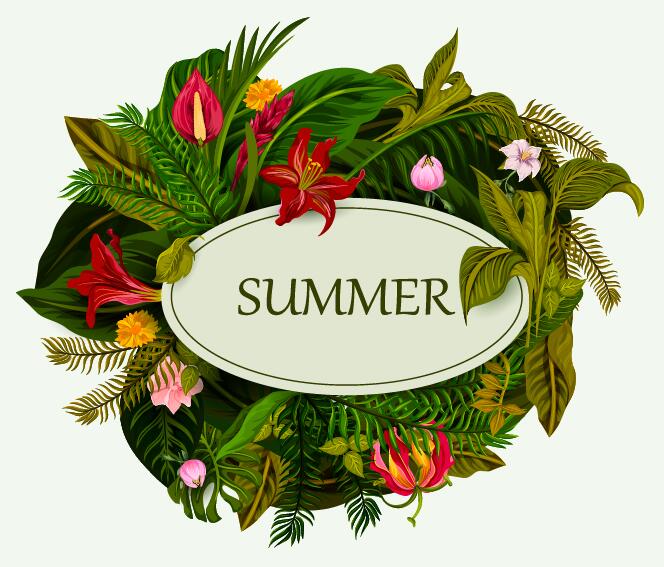 Summer background with tropical plant and flower vector 06