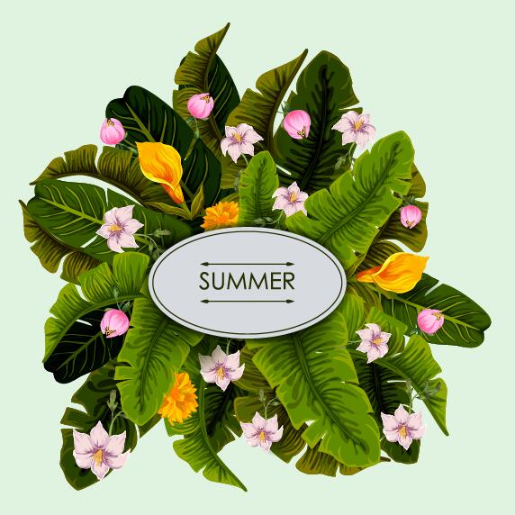 Summer background with tropical plant and flower vector 07