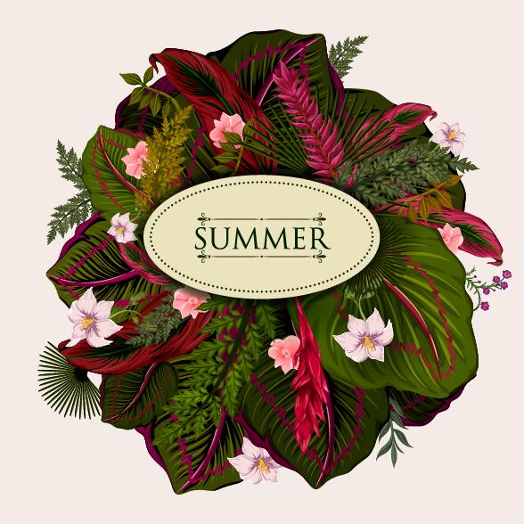 Summer background with tropical plant and flower vector 08