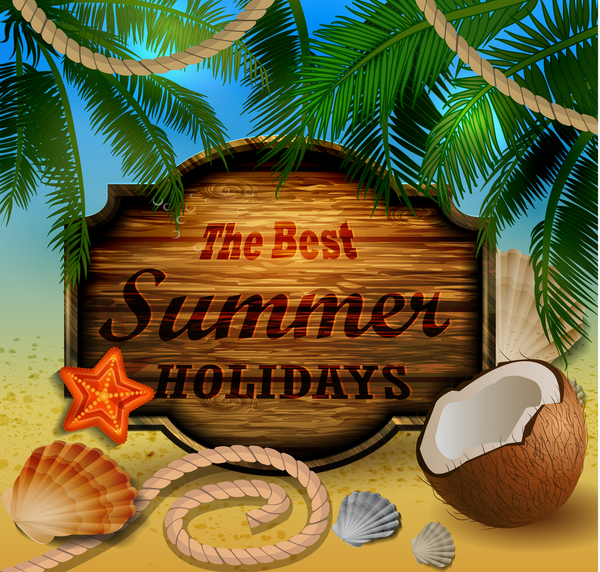 Summer beach with wooded sign vector background 01