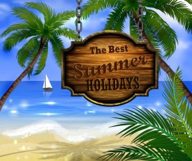 Summer beach with wooded sign vector background 04