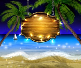 Summer beach with wooded sign vector background 06